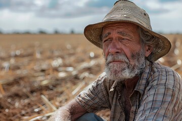 A poignant photograph shows a farmer in tears amidst his barren wheat field, with cracked, dry earth extending into the distance.