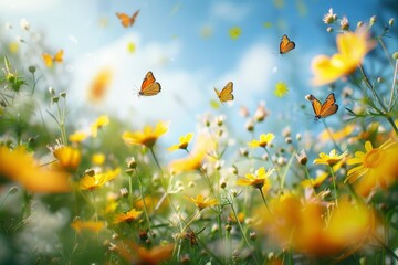 Fototapeta na wymiar A meadow filled with yellow Santolina flowers and fluttering butterflies under the bright sun of spring or summer