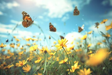 A wide-angle view of a meadow filled with yellow Santolina flowers and fluttering butterflies in a lively spring or summer setting