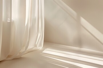 A white curtain hangs in front of a window with a sill below it, creating a simple and clean interior scene