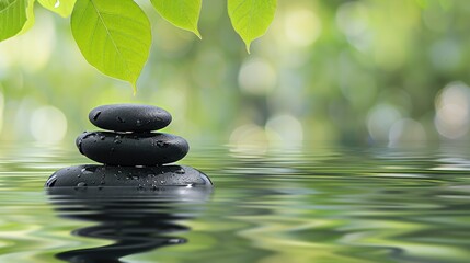 Naklejka premium a spa oasis featuring balanced black stones delicately stacked, their reflections shimmering in the serene water below, with a lush green leaf suspended above, enhancing the peaceful ambiance.