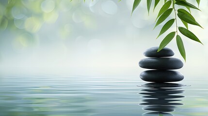 a spa oasis featuring balanced black stones delicately stacked, their reflections shimmering in the serene water below, with a lush green leaf suspended above, enhancing the peaceful ambiance.