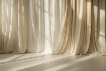 A room filled with numerous white curtains hanging from the ceiling, creating a light and airy atmosphere