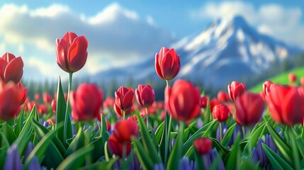 Tulips in Full Bloom with a Majestic Mountain Backdrop. Generative ai