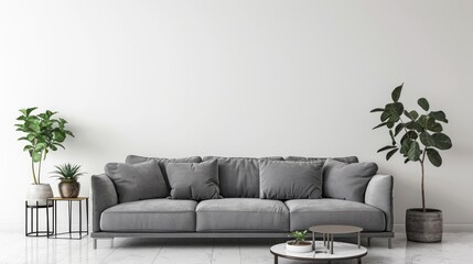 Empty living room with gray sofa and table on empty white wall background. 3d rendering.