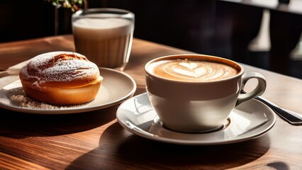 Butter bun with cheese and jam on a white plate. White cup of black coffee. Shot from a restaurant on a wooden table.