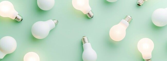 Scattered white light bulbs on pastel green background convey energy conservation and creativity, reflecting trend towards sustainable and innovative solutions. Fat lay, copy space