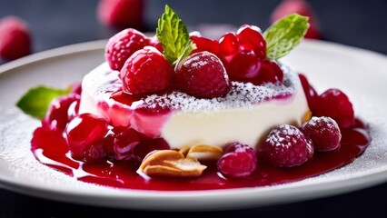 Creamy panna cotta with raspberry jam, fresh raspberries and a sprig of mint on a black background...