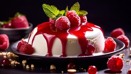 Creamy panna cotta with raspberry jam, fresh raspberries and a sprig of mint on a black background with highlights. Delicious Italian dessert made from cream and gelatin. Close-up. - obrazy, fototapety, plakaty