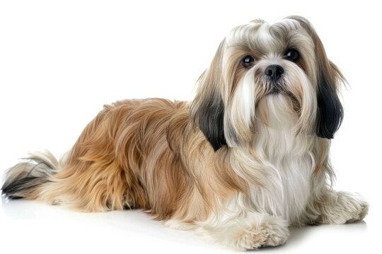 Portrait of Young Lhasa Apso Breed Pet Dog with Beautiful Furry Long-haired Coat on White Background