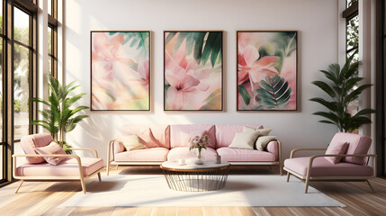 A modern interior with pink and green wall art, a set of 3 prints in a textured abstract style,...