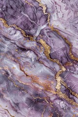 A high-resolution images of marble texture with purple and intertwined veins of gold and silver glitter. 