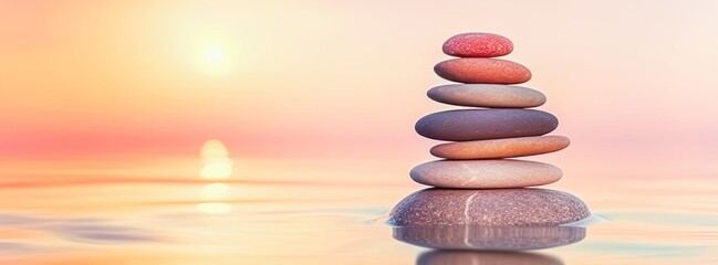 Nature banner with tacked colorful stones at sunset on a tranquil beach embody mindfulness and balance, reflecting a rising trend in wellness visual content aimed at soothing viewer stress. Copy space