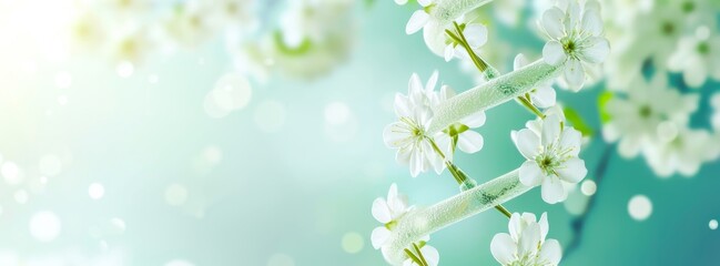 Beauty banner with DNA strand with spring flowers symbolizes link between biotechnology and skincare, appealing to demographic interested in advanced cosmetic solutions. Copy space