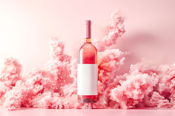 Rose wine Bottle Mockup with Blank Label. Presentation of glass bottle with natural rose wine with empty white label on tender pink background with tender pink explosion clouds. Template, branding