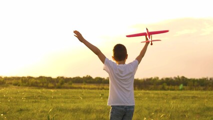 child run pilot family, boy son child running airplane game flight dream playground green field...