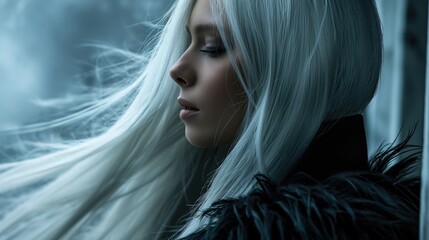 Fantasy portrait of a beautiful girl with long blond hair in a black coat