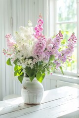 A white vase of LOTS of Lilacs' subtle color variations blooms in two or more hues, and group them by color gradation in a heavy vase.