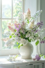 A white vase of LOTS of Lilacs' subtle color variations blooms in two or more hues, and group them by color gradation in a heavy vase