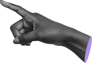 Black and white grained African woman's hand pointing finger to side, modern collage element on transparent background, purple cut