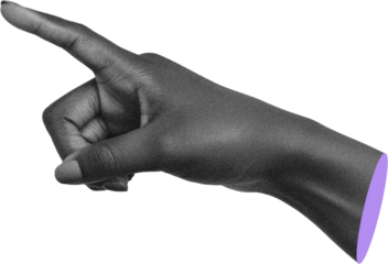 Black and white grained African woman's hand pointing finger to side, modern collage element on transparent background, purple cut