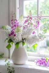 Fototapeta premium A white vase of LOTS of Lilacs' subtle color variations blooms in two or more hues, and group them by color gradation in a heavy vase. 