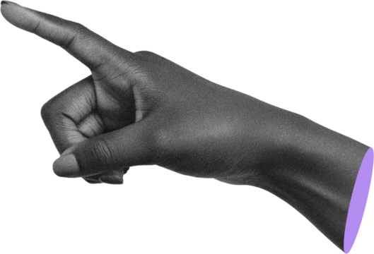Black and white grained African woman's hand pointing finger to side, modern collage element on transparent background, purple cut