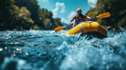 Naklejka premium Kayaking on the river in a sunny summer day. Beautiful nature.