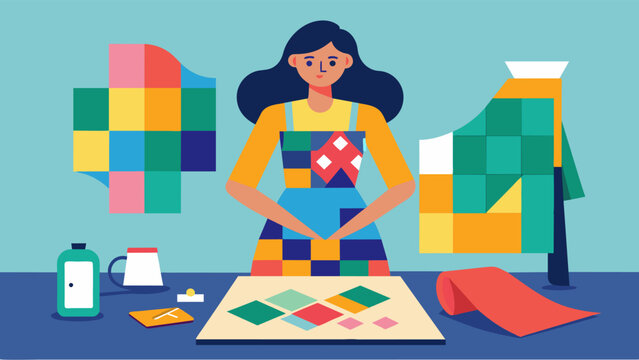 A of colorful fabric scraps strewn across a worktable as a designer prepares to create a patchwork dress.. Vector illustration