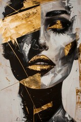 abstract portrait of a woman with gold lips, in black and white with gold accents, an oil painting in the style of abstract art with paint strokes on a beige background