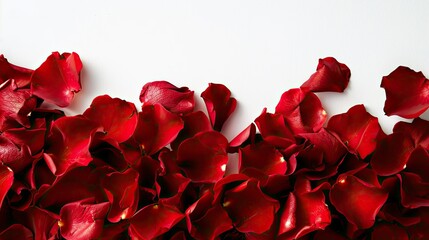 Vibrant red rose petals set against a crisp white backdrop perfect for adding a touch of romance to your Valentines Day or wedding messages