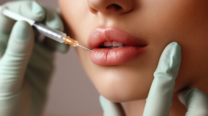 Beautiful young woman receiving botox injection in lips, closeup