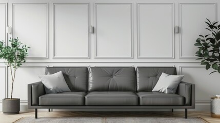 Frame living room wall mockup, with gray leather sofa and decorations on the wall and frame panel background.