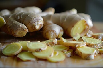 Fresh ginger root and sliced pieces, known for its anti-inflammatory and digestive properties. Zingiber officinale.