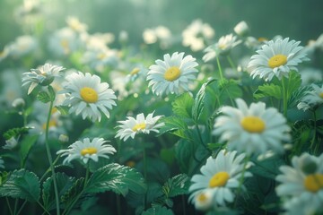 Obraz premium delicate chamomile flowers and leaves, known for their calming and anti-inflammatory effects. Matricaria chamomilla.