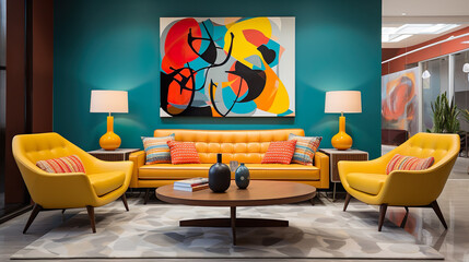 A yellow loveseat sofa and side tables against a colorful circle patterned wall become a burst of colors in the midcentury interior design of a modern living room