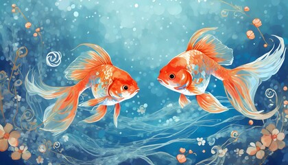 Fototapeta premium 清涼感のある青い背景、それは心地よい夏の風物詩、透明感のある綺麗な小さい金魚が二匹、快適な環境で生活、シンプルなイラスト風に仕上げる generated by AI