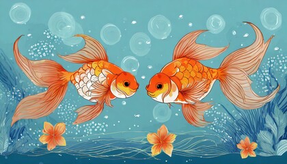 Naklejka premium 清涼感のある青い背景、それは心地よい夏の風物詩、透明感のある綺麗な小さい金魚が二匹、快適な環境で生活、シンプルなイラスト風に仕上げる generated by AI