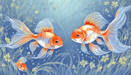 清涼感のある青い背景、それは心地よい夏の風物詩、透明感のある綺麗な小さい金魚が二匹、快適な環境で生活、シンプルなイラスト風に仕上げる generated by AI