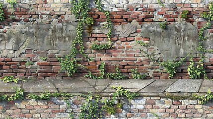   A brick wall with vines growing on it, a fire hydrant in the center