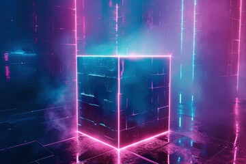 Enigmatic Abstract neon cube. Space glow bow. Generate Ai