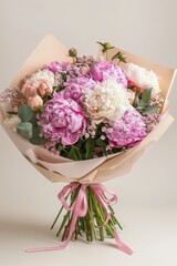 Bouquet of peonies in packaging, photo, centered, cream background 
