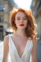 Capture the epitome of elegance with a realistic photo portrait of a stunning redhead influencer gracing the streets of Paris.