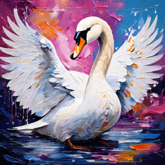 Bright art painting of a beautiful majestic swan bird.