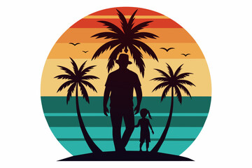 Retro vintage style sunset, palm tree,  Adobe Illustrator illustration, 16k, with sunset style and dad and daughter silhouette, T - shirt design, T - shirt graphic, retro vintage style circle.,