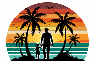 Retro vintage style sunset, palm tree,  Adobe Illustrator illustration, 16k, with sunset style and dad and daughter silhouette, T - shirt design, T - shirt graphic, retro vintage style circle., illust