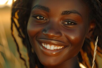 Experience the infectious happiness of a radiant dark-skinned girl as she smiles with pure delight.