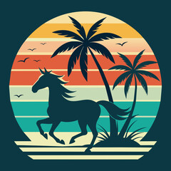 Palm trees, Adobe Illustrator illustration, ocean, beach, sunset style running horse silhouette, vintage style circles