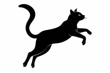 Cat jumping silhouette black on white background