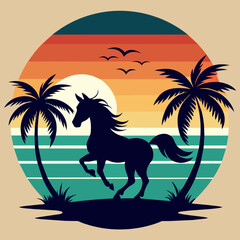 Palm trees, Adobe Illustrator illustration, ocean, beach, sunset style running horse silhouette, vintage style circles